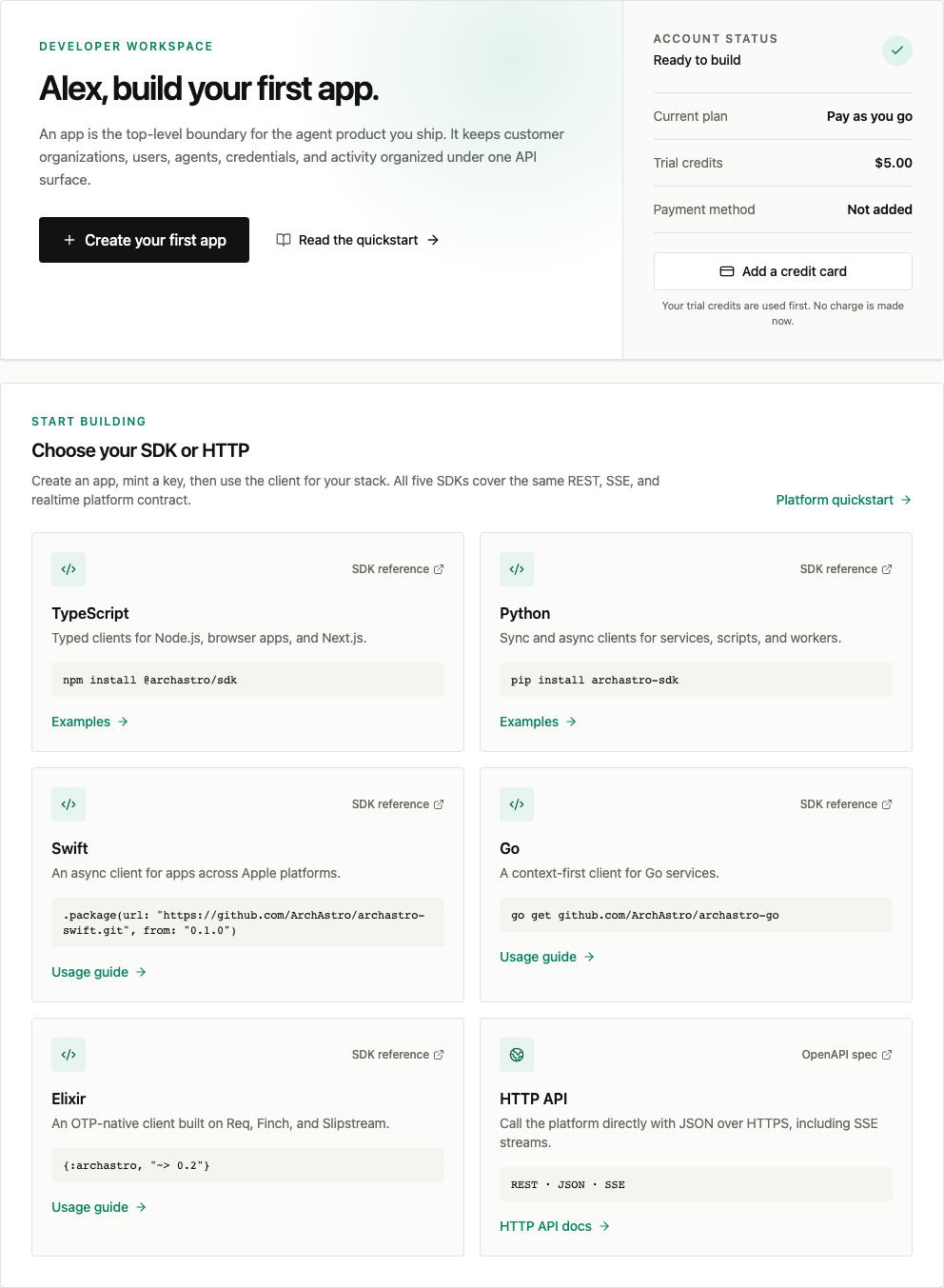 Developer workspace showing the Pay as you go plan, five dollars in trial credits, first-app and credit-card actions, five language SDKs, and HTTP API guidance